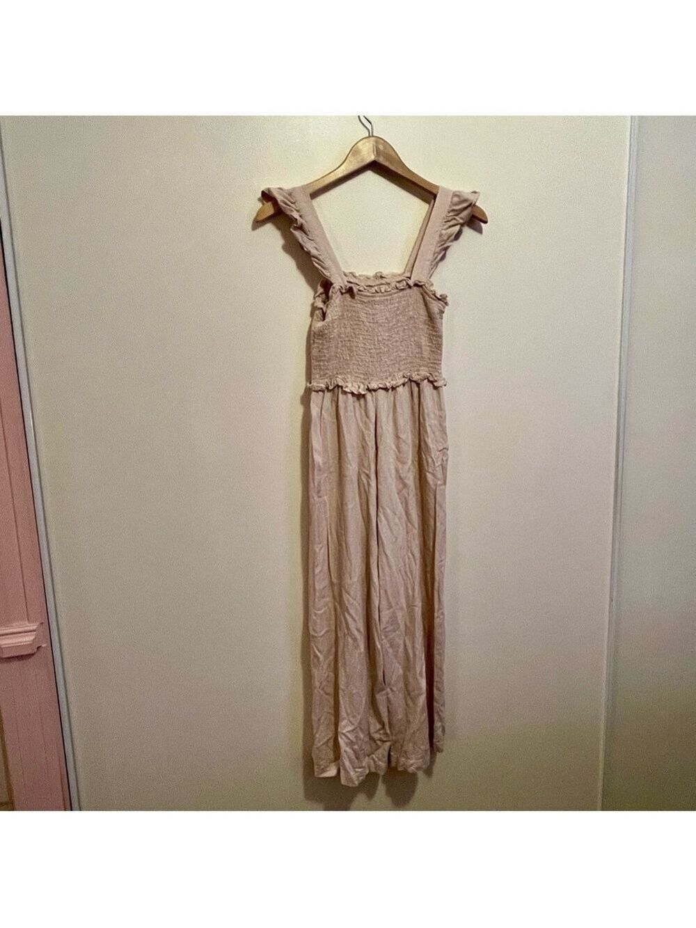 StyleCheat Cream Linen Blend Sleeveless Jumpsuit Wide Leg Ruched Bodice Beach 6 - Picture 6 of 7